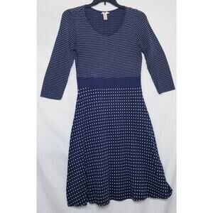 Downeast Navy & White Polka  Dress 3/4 Sleeve A-Line Sheath Midi Length Size M